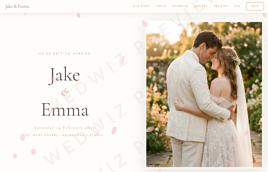 WedWiz Classic Ivory theme — warm ivory split hero with names and portrait photo